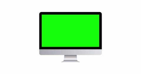 Computer monitor mockup with green screen, front view, isolated on white background. 4K animation with camera track motion