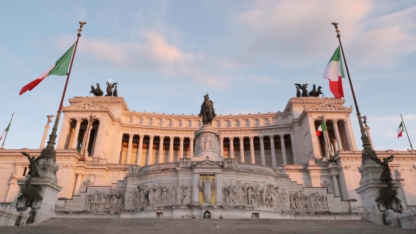 Altar of the Fatherland (Altare della Patria) known as the Monumento Nazionale a Vittorio Emanuele II ("National Monument to Victor Emmanuel II") or Il Vittoriano at sunset in Rome, Italy