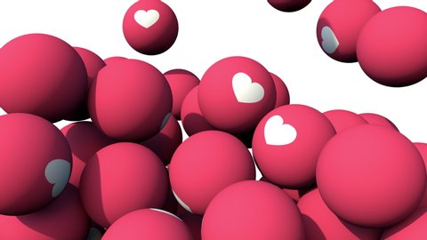 Social Media Heart balls falling and pilling up. Love 3D animation in 4K. Influencer valentine's day. 