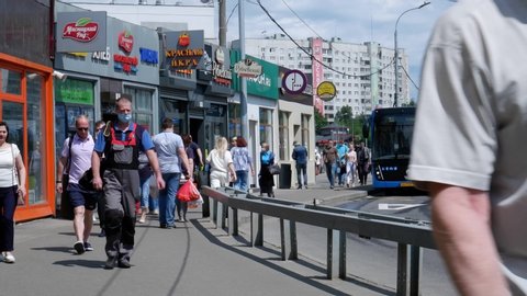 Zelenograd / Russia - 06 13 2020: Bus shot in central station of Zelenograd city