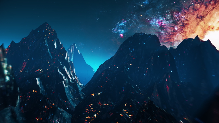 Futuristic mountain landscape flight seamless loop. Stylized VJ looping 3D animation with space and high speed flythrough. Outrun style videogame intro or background for EDM music live show or concert | Shutterstock HD Video #1056481496