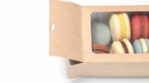 view top. multicolored macarons from natural ingredients and colors go out of the box.