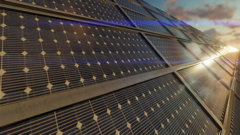 Close up of solar power panels farm against timelapse magical sunrise, 4K
