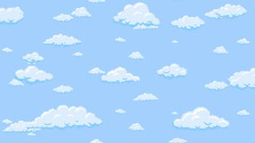 Cartoon clouds floating vertically on the blue sky background, pixelated. Seamless looping animation.