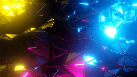 Glowing neon low-poly dark waving surface. 3D abstract render sparkle light background. Seamlessly looping colorful video