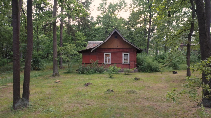 Abandoned wooden house (timber house) in a green forest. Aerial low angle view