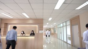 Wide shot of Lobby waiting area in modern hospital or healthcare facilities with patient at information counter and group of professional doctors and nurses working in medical center health services. - Powered by Shutterstock - Get 15% off with code: PIKWIZARD15