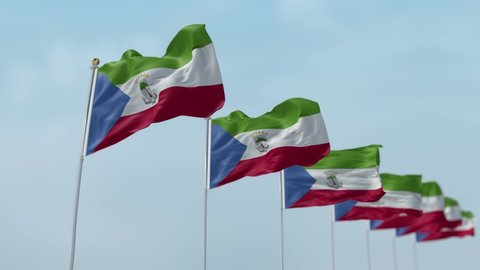 Row of waving flags of National flags of Equatorial Guinea with sky Background . -3D rendering 