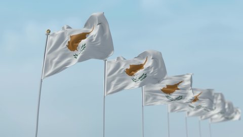 Row of waving flags of National flags of Cyprus with sky Background . -3D rendering 