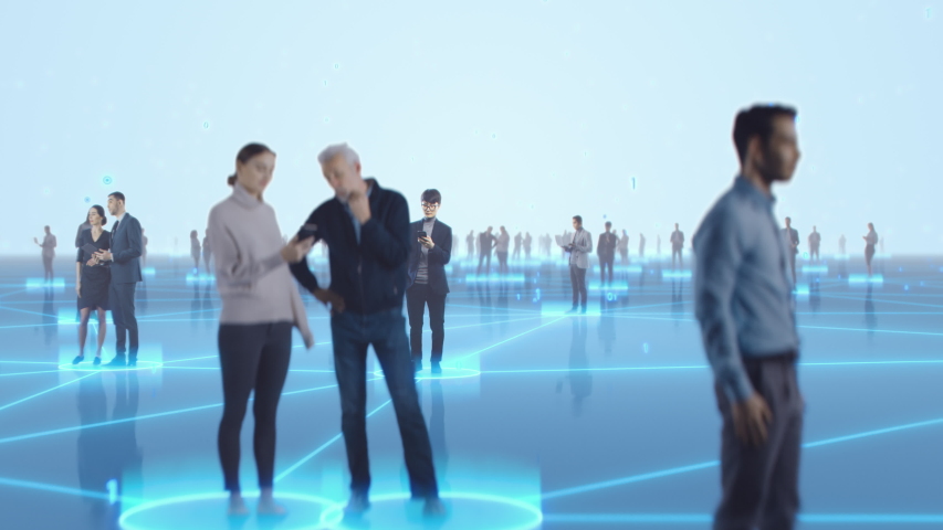 Happy People using Smartphone Devices in World Wide Connected Social Network. Diverse People do E-Business, Communicate, Send Messages. Visualization of Internet Virtual Reality Interconnected Persons | Shutterstock HD Video #1056506843