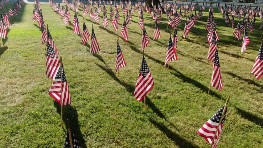 Flags adorn lawn, Americana theme, July 4th, Memorial Day, Veterans Day celebration, honor and respect veterans of war Royalty-Free Stock Footage #1056510662