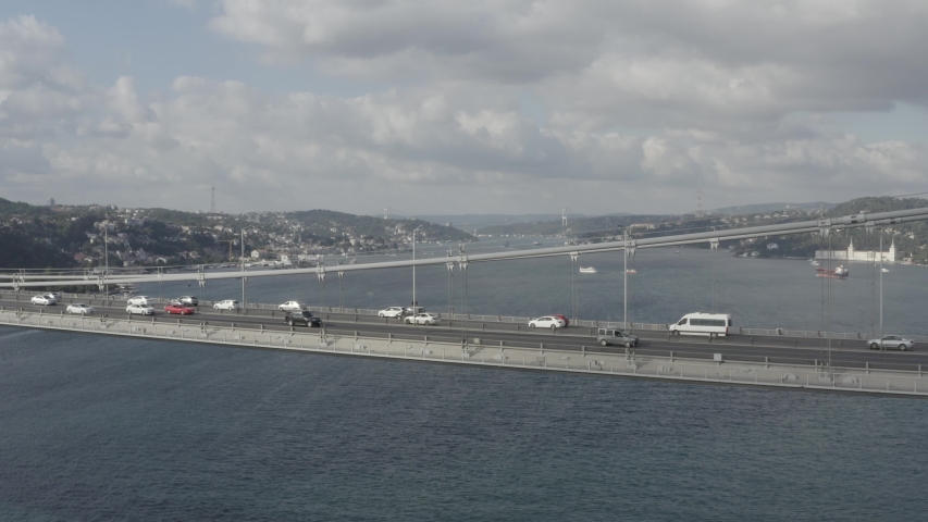 15 July Martyrs Bridge, Bosphorus Bridge from Sky Aerial view. Istanbul Turkiye.(Cars, sea, landscapes, forests, houses, villas, sky, bridge, Istanbul, protects the throat, turkey)