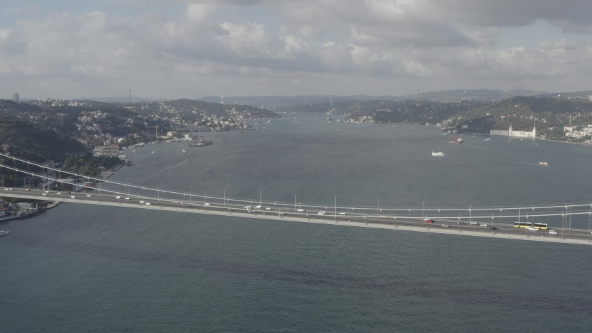 15 July Martyrs Bridge, Bosphorus Bridge from Sky Aerial view. Istanbul Turkiye.(Cars, sea, landscapes, forests, houses, villas, sky, bridge, Istanbul, protects the throat, turkey)