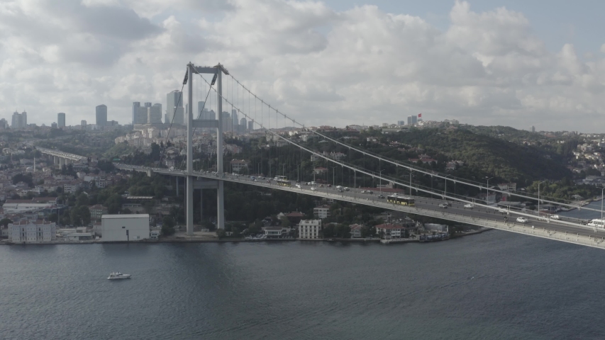 15 July Martyrs Bridge, Bosphorus Bridge from Sky Aerial view. Istanbul Turkiye.(Cars, sea, landscapes, forests, houses, villas, sky, bridge, Istanbul, protects the throat, turkey)