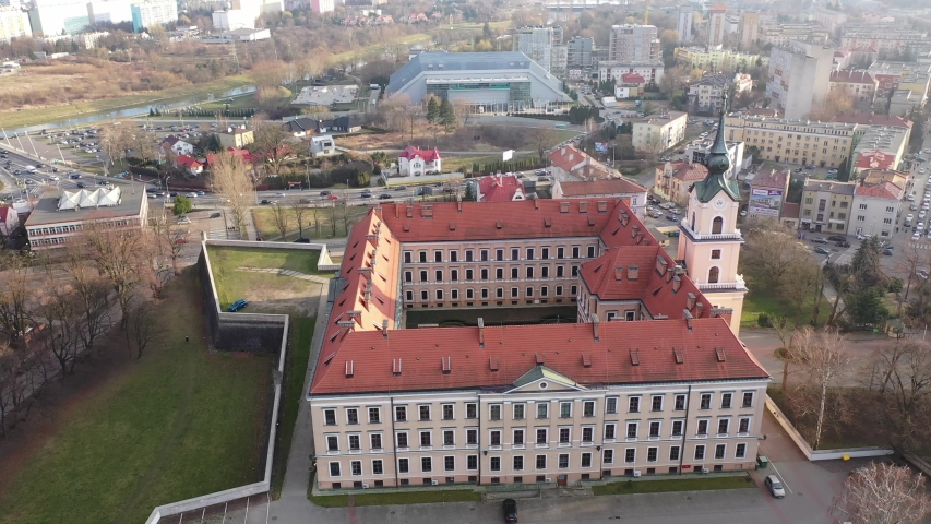 Aerial view on the medieval castle Rzeszow. Rzeszow City. Poland. High quality 4k footage