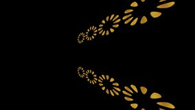 Gold Art Deco pattern on a minimal black background, tilted horizontally initially to the left then moves to the right, composed of colored shapes.