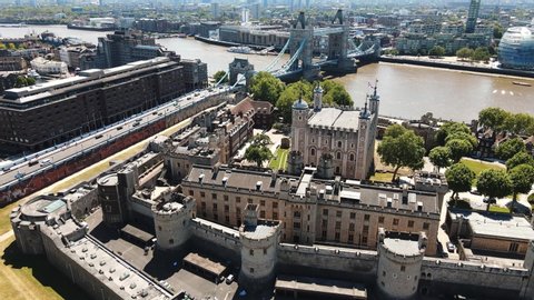 Fortress of the Tower of London Aerial footage, summer 2020 showcasing historic castle on the north bank of the River Thames in central London.