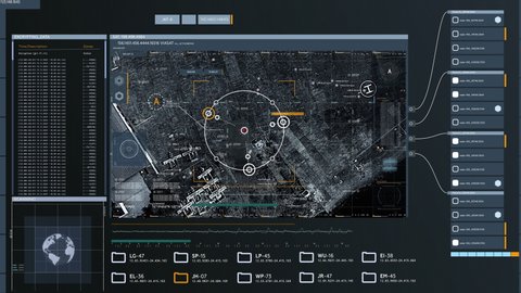 Modern spy technology. Satellite radar detects objects in San Antonio, USA. Screen data shows at the computer User interface.