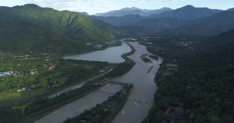  Aerial view of ancient irrigation system in Dujiangyan City Sichuan China minjiang river flowing from snow mountain into Chengdu plain