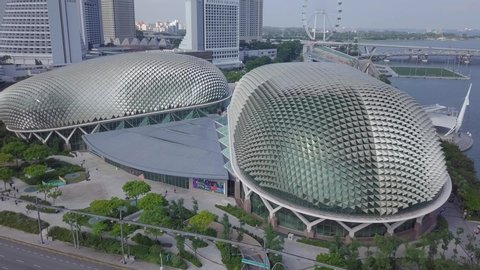 Drone view of Esplanade at Theatres By The Bay (Marina Bay) - Singapore circa March 2019