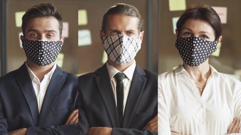 Business meeting, managers in suit stands in conference room, peoples puts on a cloth masks to protect himself from the pandemic and looks at the camera, serious look, split screen.