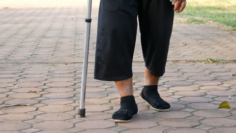 senior woman legs walking with walking stick