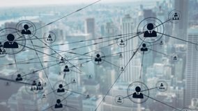 Animation of network of connections and icons moving over out of focus cityscape with modern office buildings in the background. Digital network of global connections networking business concept. - Powered by Shutterstock - Get 15% off with code: PIKWIZARD15