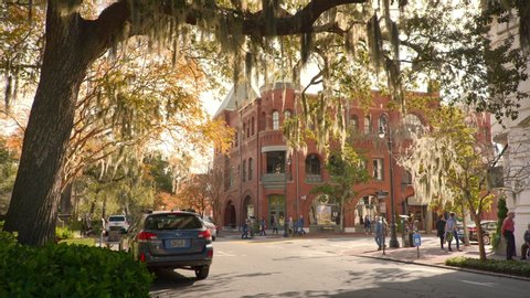 Savannah, USA - November 30, 2019: Historical downtown streets of Savannah Georgia USA. The city of Savannah became the British colonial capital of the Province of Georgia and later the capital.