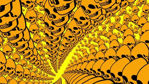 Seamless funny animation of orange skulls in comic style in a swirl. Psychedelic Halloween video loop with a trendy cartoon illustration look special for clubs and parties.