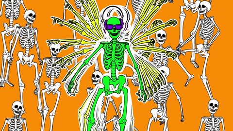 Seamless funny animation of dancing skeleton with headphones in comic style and orange color. Halloween zine culture video loop with a trendy cartoon illustration look special for clubs and parties.