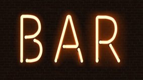 Retro neon sign with the word bar. Vintage electric symbol. Burning a pointer to a black wall in a club, bar or cafe. Design element for your ad, signs, posters, banners. 4k motion video.