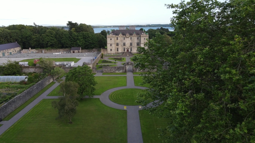 Aerial view over Portumna Castle and Gardens. A magnificent location on the shores of Lough Derg on the River Shannon. Portumna, County Galway, Ireland. 