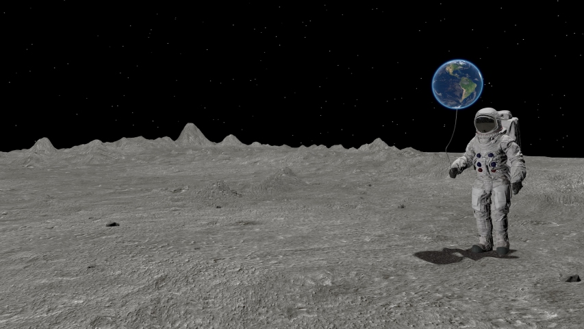 Atsronaut with a ball in the shape of the Earth is walking on the moon. Elements of this video furnished by NASA. 3d rendering.