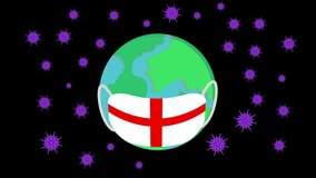 Animated cartoon design of globe wearing a face mask with England flag near flying Covid-19 germs. Shot in 4k resolution - Powered by Shutterstock - Get 15% off with code: PIKWIZARD15