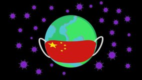Animated cartoon design of globe wearing a face mask with China national flag near flying Covid-19 germs. Shot in 4k resolution - Powered by Shutterstock - Get 15% off with code: PIKWIZARD15