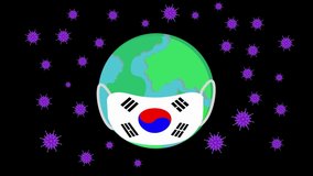 Animated cartoon design of globe wearing a face mask with South Korean national flag near flying Covid-19 germs. Shot in 4k resolution - Powered by Shutterstock - Get 15% off with code: PIKWIZARD15