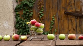 Apples in little cart on wooden desk in a garden