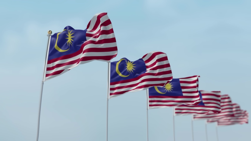 Row of waving flags of national flags of malaysia with sky background . -3d  rendering