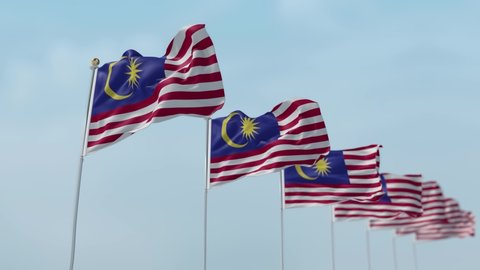 Row of waving flags of National flags of Malaysia with sky Background . -3D rendering 
