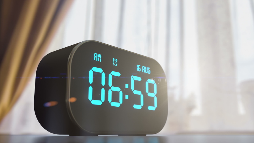 Alarm clock ringing at 7 am in the bedroom on a background of the window. Alarm timer set to seven'o'clock and It's time to waking up and go to work. 3d animation, closeup summer morning concept. Royalty-Free Stock Footage #1056570668