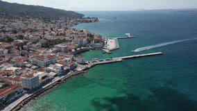 Aerial drone video of picturesque and historic old port in town of Spetses island, Saronic gulf, Greece