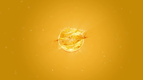 3D Rendering Splash Fresh Orange Juice. Explosion Orange juice liquid with Orange fruit on yellow background. 3D Render. 4K
