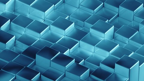 Abstract cyan turquoise metallic Cubes Background. Metal cube pattern wall. 3D rendering. Projection Mapping element with moving cubic surface. 4k Seamless loop