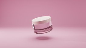 Glass cosmetic empty jar with white lid isolated on pink background. Bottle rotates slowly in air. Women's cosmetics skincare. Sample of layout of package beauty product. Realistic 3d animation.