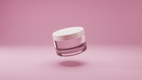 Glass cosmetic empty jar with white lid on an isolated pink background. Bottle rotates slowly in air. Women's cosmetics skincare. Sample of layout of package beauty product. Realistic 3d animation.