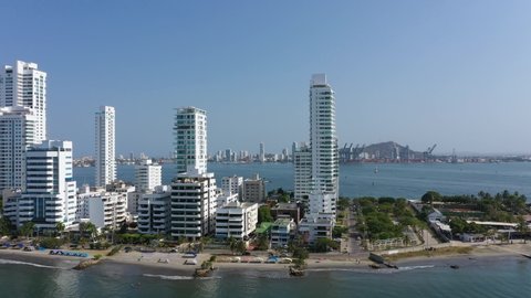 Bocagrande distcrict sunny day in Cartagena Colombia aerial view.