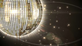 Animation of New Year Eve celebrations with gold confetti falling and disco ball spinning on black background - Powered by Shutterstock - Get 15% off with code: PIKWIZARD15