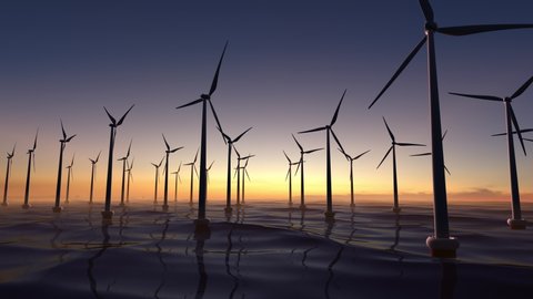 Wind power plant towers in sea. Energy Windwill in dusk ocean at sunset with beautiful golden horizon. Windenergy farm with many turbine windwill generating alternative energy.