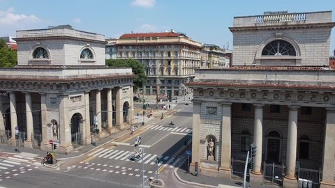Europe, Italy , Milan July 2020 - Drone aerial view of Porta Venezia and Corso Buenos Aires , the new roadside cycle path in downtown after Covid  Coronavirus lockdown