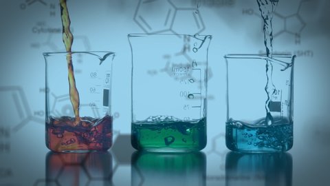 Animation of three laboratory beakers being filled with coloured chemical liquids, with data and structural formula of chemical compounds on a blue background